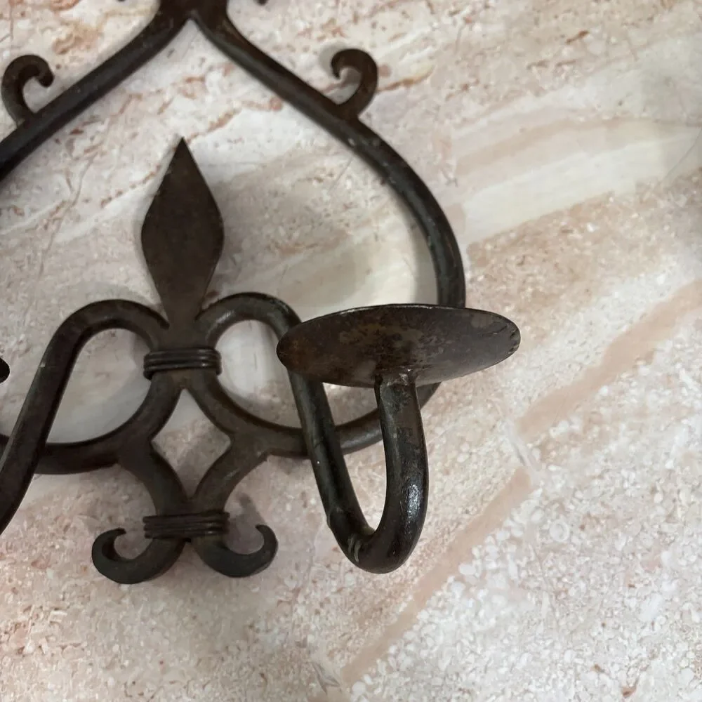 Vintage wrought Iron wall sconce Pillar candle holder gothic rustic decor '60s